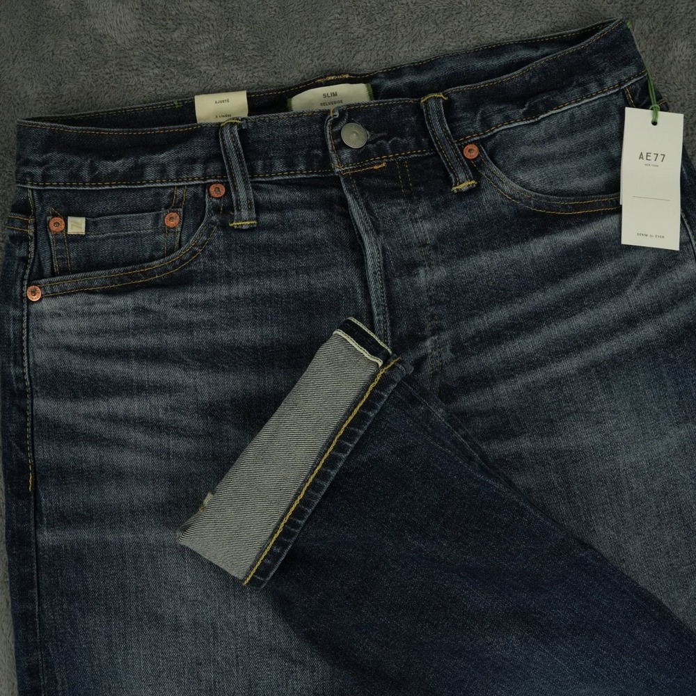 AE77 Slim Selvedge Button Fly Jeans Mens 30x32(32x30) Dark Indigo Organic Cotton